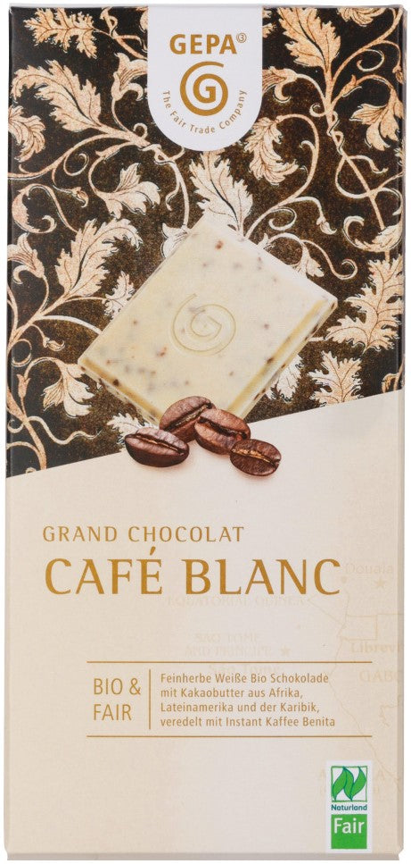 Tablette de chocolat blanc, aux grains de café et aromatisé à la vanille BIO - GEPA