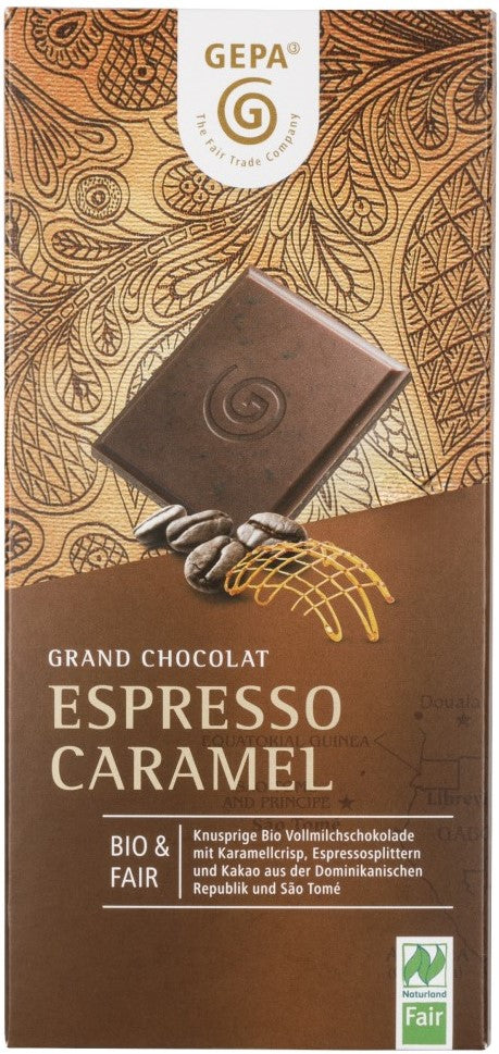 Tablette de chocolat au lait biologique BIO aux pépites de caramel et grains de café - GEPA